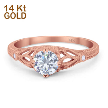 14K Rose Gold Round Vintage Design Solitaire Bridal Simulated CZ Wedding Engagement Ring Size-7
